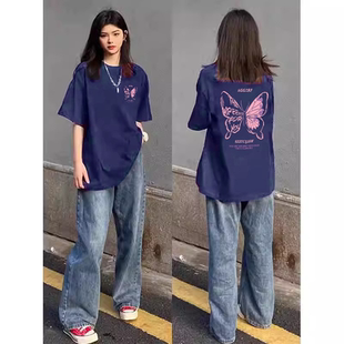 T恤夏季 大码 印花蝴蝶oversize纯棉短袖 胖mm显瘦宽松上衣美式 女装