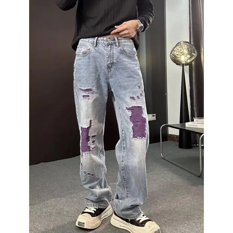 美式水洗复古破洞补丁牛仔裤男夏季潮牌休闲痞帅直筒宽松阔腿长裤
