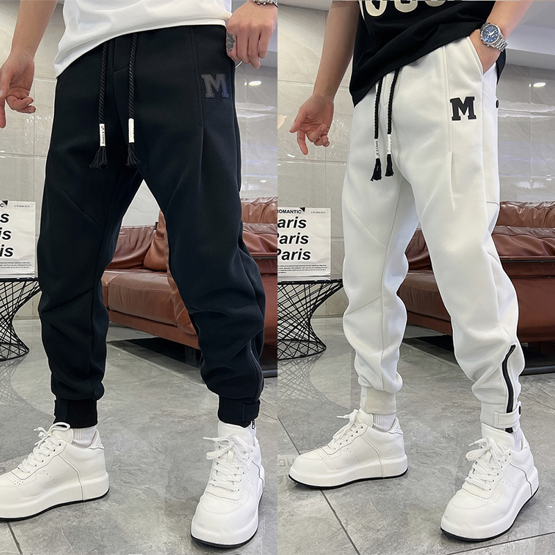 潮牌拉链卫裤男春夏薄款裤子男士纯色韩版显瘦束脚哈伦裤休闲长裤