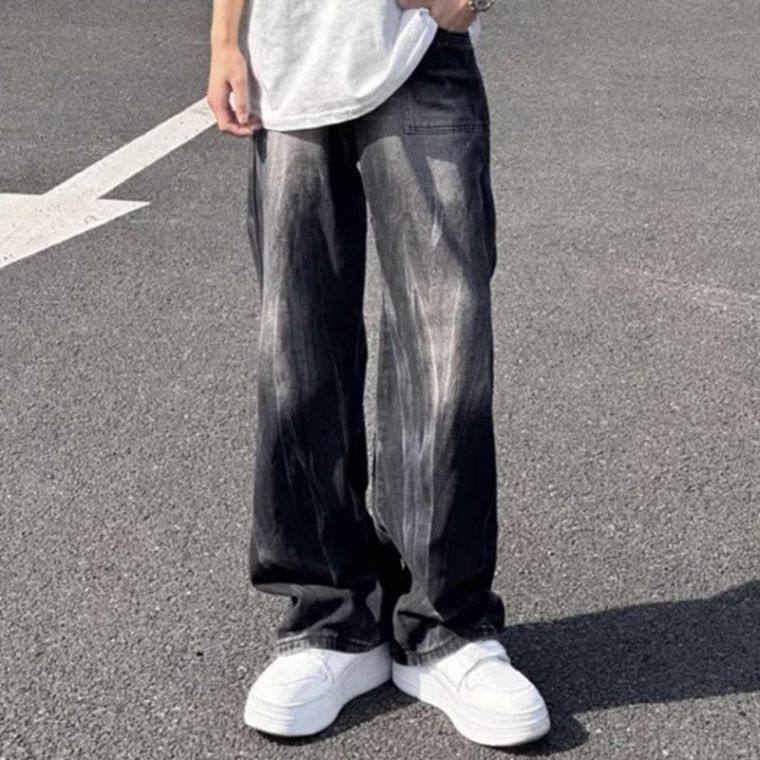 黑色微喇牛仔裤男直筒宽松阔腿美式高街vibe风裤子潮牌长裤秋季
