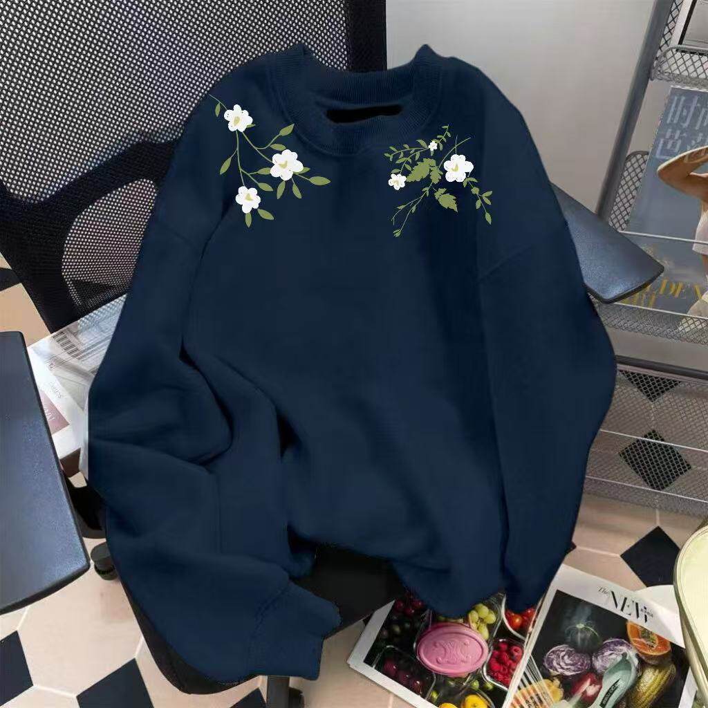 花朵印花情侣卫衣重磅宽松美式藤蔓百合男女加绒加厚圆领无帽卫衣