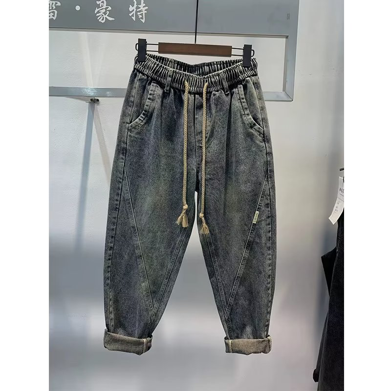 春秋季美式复古水洗宽松牛仔裤男款潮牌锥形萝卜裤大码宽松哈伦裤