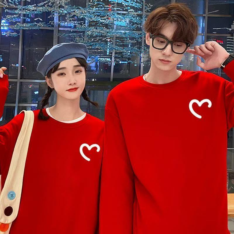 红色情侣装卫衣男女秋冬款2026新款圆领加绒宽松无帽上衣蛇年衣服