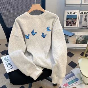 潮牌重磅藏青色圆领卫衣女2025新款秋冬季加绒加厚小众学院风上衣