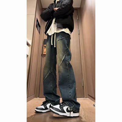 抽绳系带复古蓝牛仔裤男款美式高街提档版型裤子松紧腰微喇直筒裤