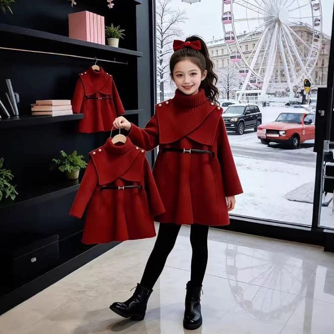 女童冬季加厚毛呢大衣2026新款韩版夹绒保暖拜年服中大童斗蓬外套