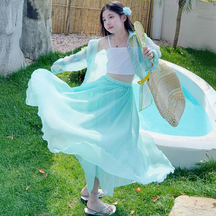女童夏季海边度假风防晒衬衫长裙