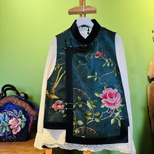 四两民族风老绣设计款 马甲 缎面短款