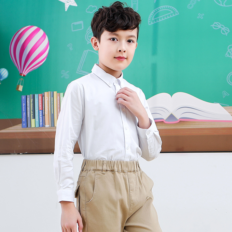 男童白衬衫秋冬长袖小学生打底校服儿童白色衬V衣男大加绒加厚