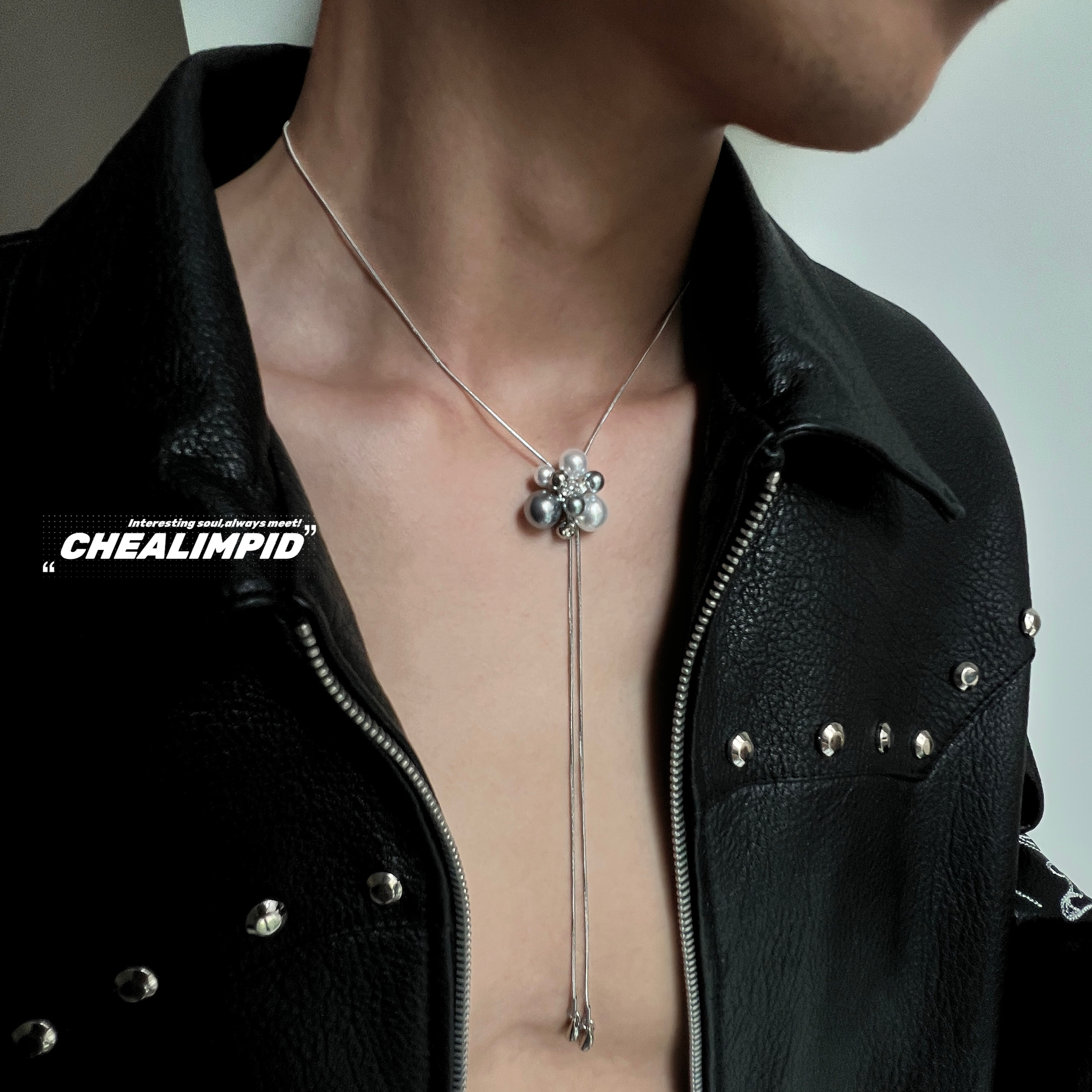 CHEALIMPID/.珍珠花朵流苏吊坠项链小众设计高级简约潮男女锁骨链