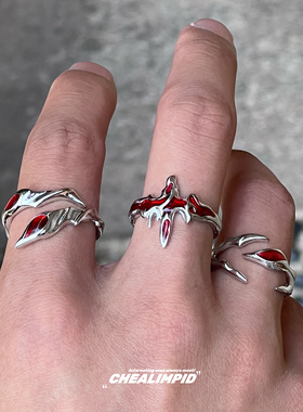 CHEALIMPID/.十字架不规则血红溶液戒指街头嘻哈潮流开口小众男女