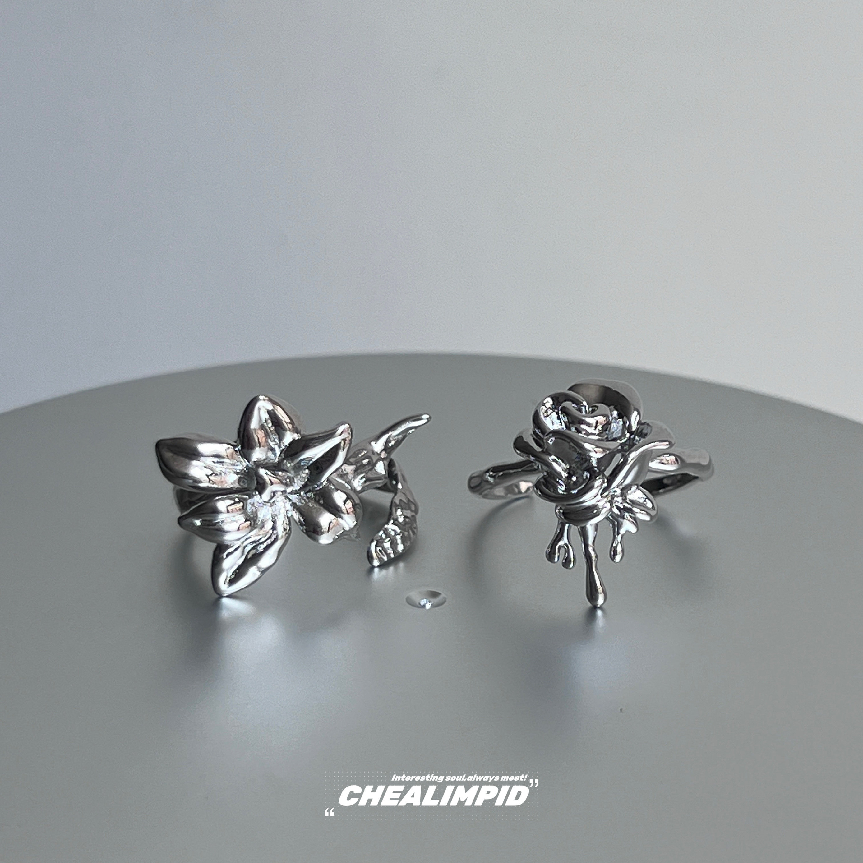 CHEALIMPID/.立体金属银花朵戒指小众设计甜酷辣妹轻奢开口食指戒
