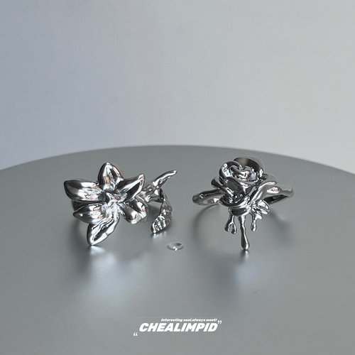 CHEALIMPID/.立体金属银花朵戒指小众设计甜酷辣妹轻奢开口食指戒