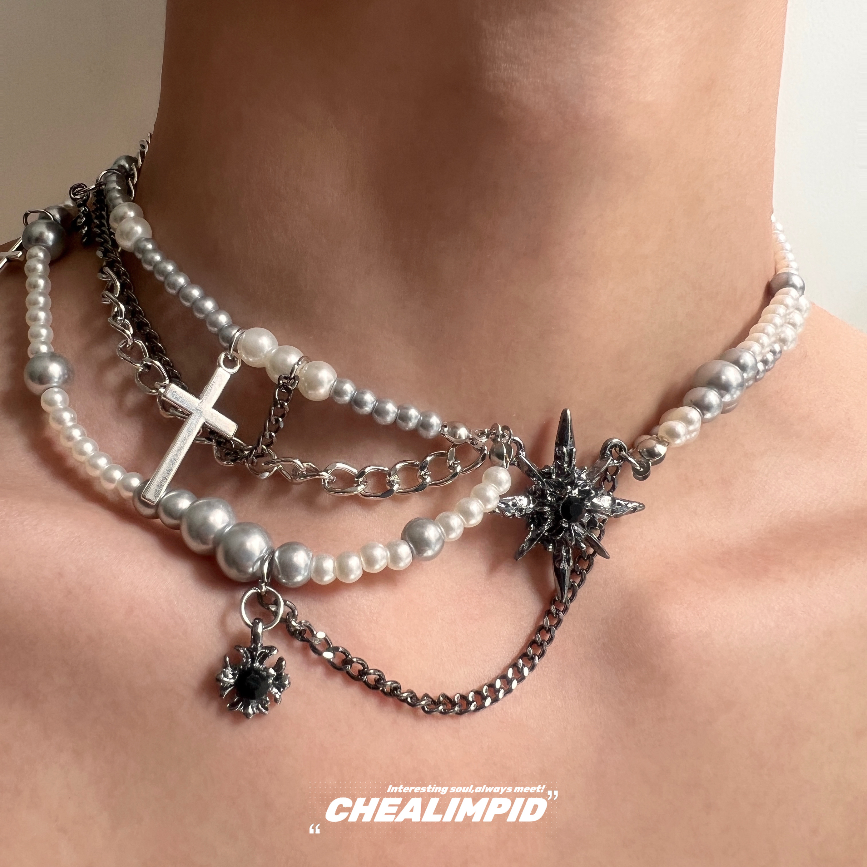 CHEALIMPID/.暗黑朋克多层叠戴珍珠项链小众设计高级感锁骨链颈链