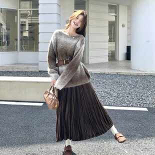 修身2026渐变扎染毛衣百褶裙两件套女秋季紧身松弛感套装修身轻薄