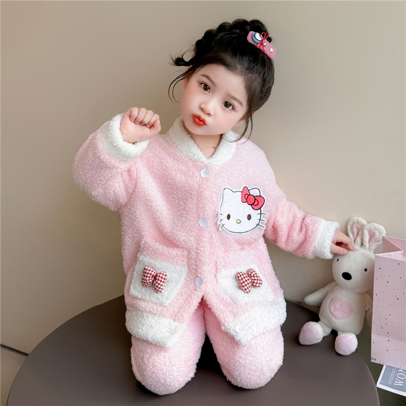 Kitty猫雪粒绒睡衣女宝宝秋冬季2025新款小孩儿童法兰加绒加厚3岁