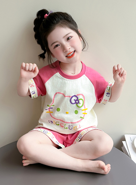 儿女童睡衣纯棉夏季薄款2026新款宝宝小孩Kity猫家居空调服短袖裤