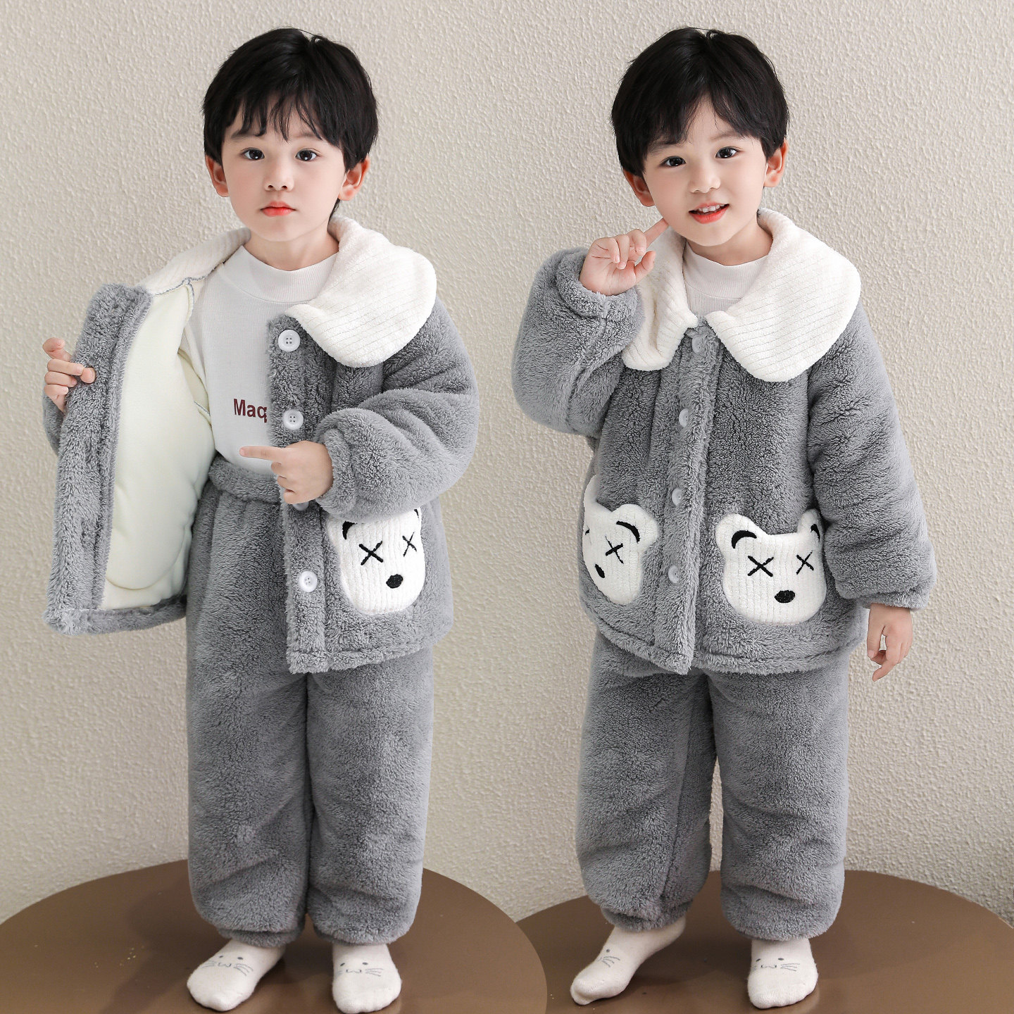 男童睡衣2025新款冬季珊瑚绒法兰加绒加厚三层夹棉宝宝小孩儿小熊