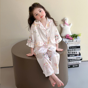 女孩新款儿童睡衣2025冰丝绸岁春秋薄款宝宝公主风夏季家居空调服