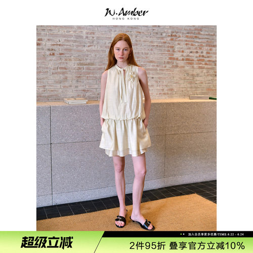 W.Amber度假风无袖花苞连衣裙女2026夏季新款法式圆领收腰背心裙