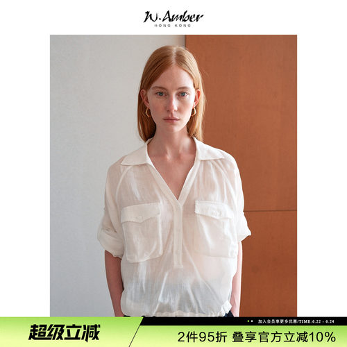 W.Amber老钱风苎麻半开襟衬衫女2026夏季新款白色长袖衬衣上衣