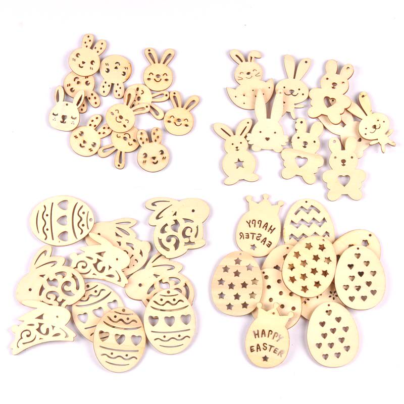 可爱兔子鸡蛋木片复活节装扮用品儿童绘画diy手工材料包25个/包