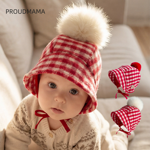 红色新年过年婴儿护耳帽子男女宝宝秋冬保暖防风毛球遮阳防晒帽