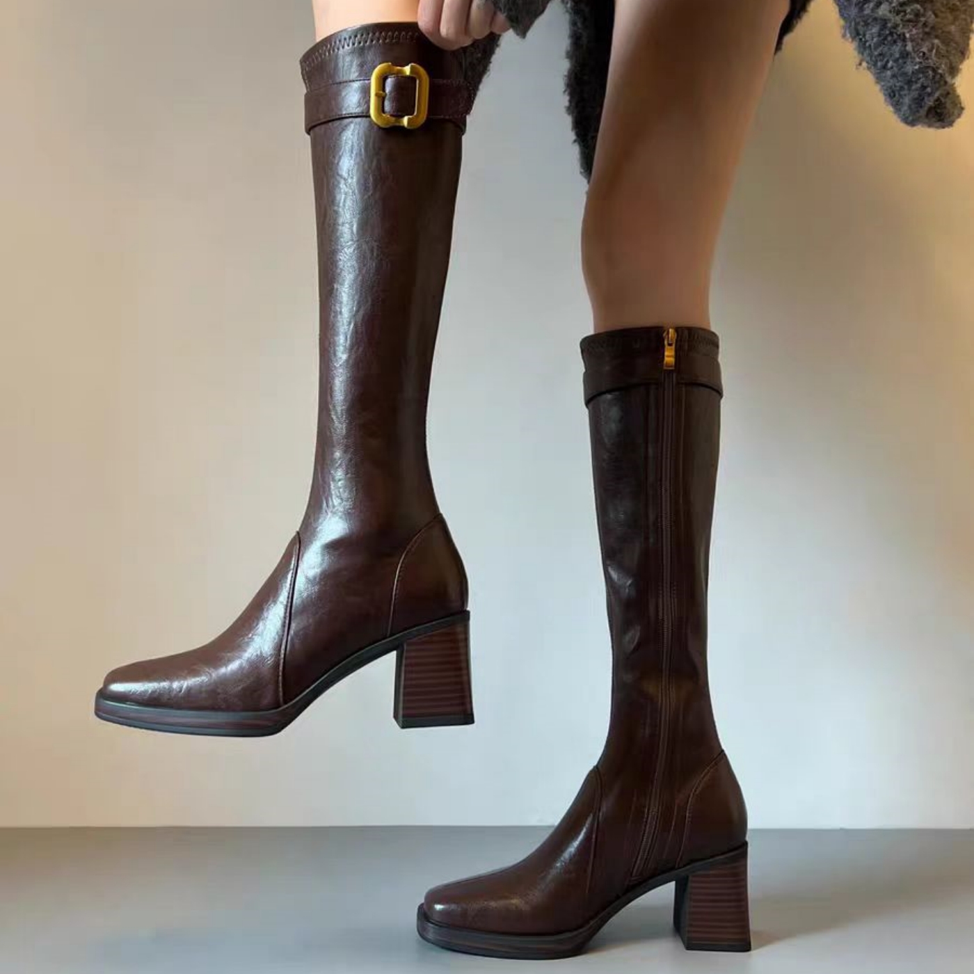 真皮高跟长筒靴女皮带扣骑士靴