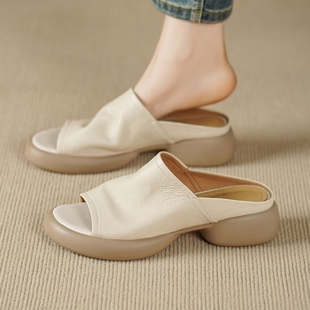 羊皮版~踩屎感真皮厚底拖鞋女软底百搭一字拖外穿不累脚露趾凉拖