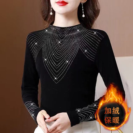 大码烫钻上衣女洋气显瘦黑色秋冬新款半高领修身加绒长袖打底衫