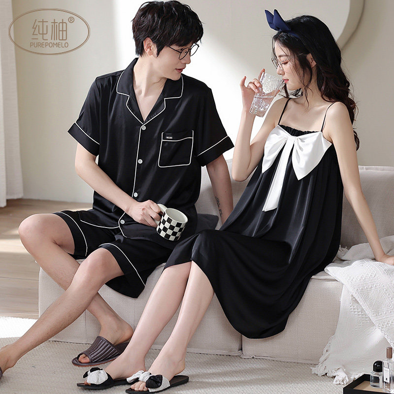 情侣睡衣夏季冰丝短袖套装男薄款吊带睡裙女性感仿真丝休闲家居服