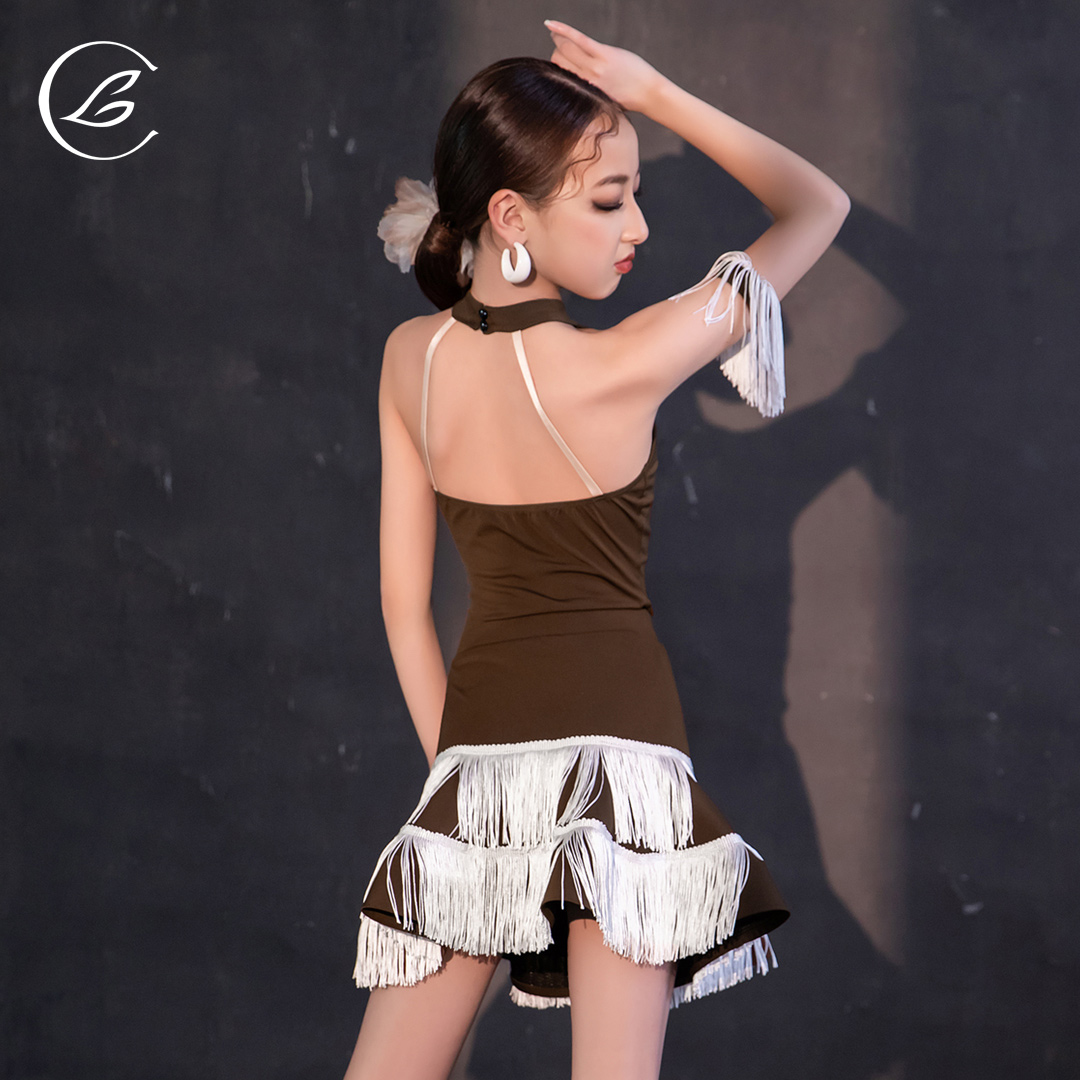 乐雅池2025新款拉丁舞蹈服女童春夏吸汗练功服茶褐色高级感舞蹈服