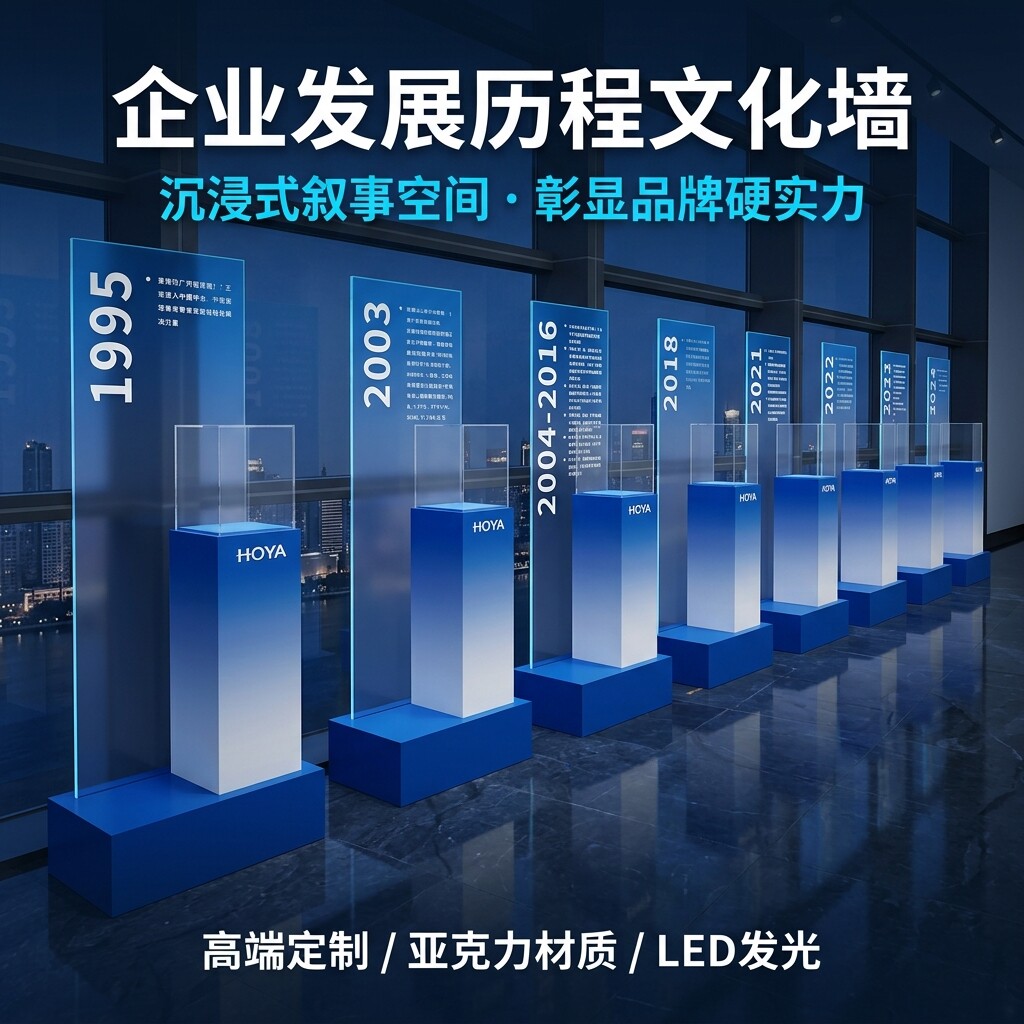 创意高级企业品牌发展历程文化墙亚克力展示架陈列架公司展会布置图片