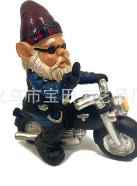 Wish跨境摆件花园摆件小矮人机车老人树脂工艺品摆件骑摩托车雕像