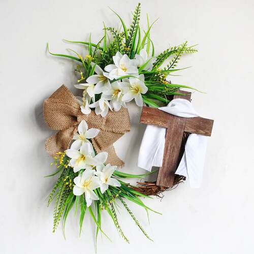 跨境 Easter Wreath with Cross复活节十字架花环门挂装饰塑料花