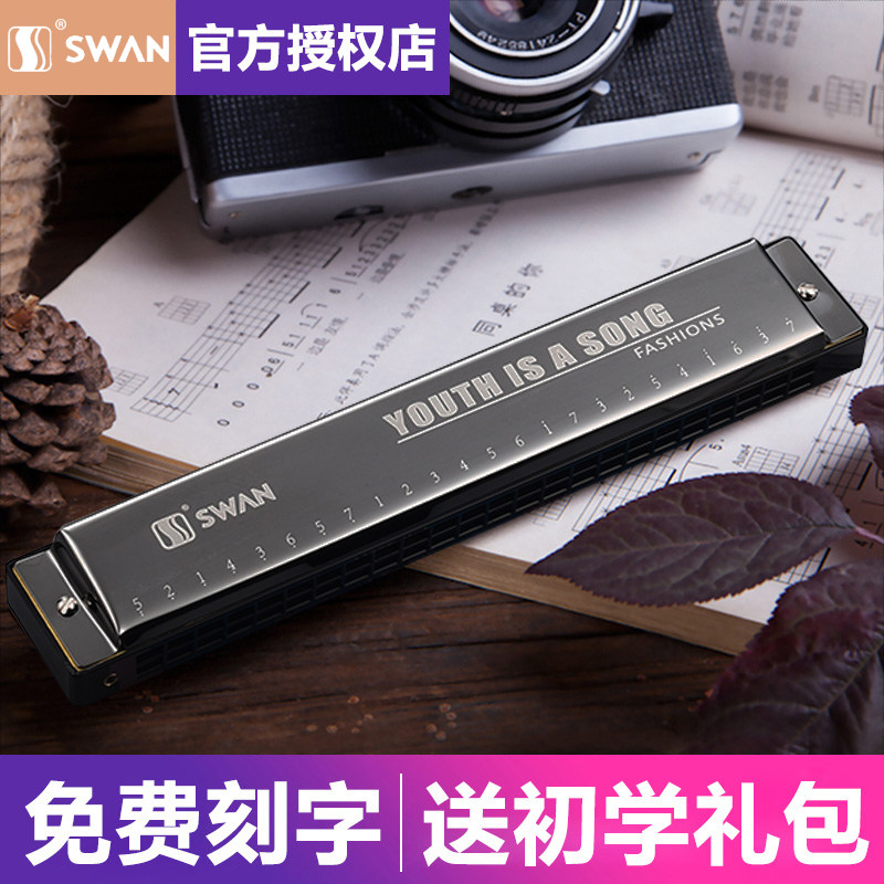 天鹅牌24孔复音c调儿童学生初学口琴带音符标记练习自学演奏乐器