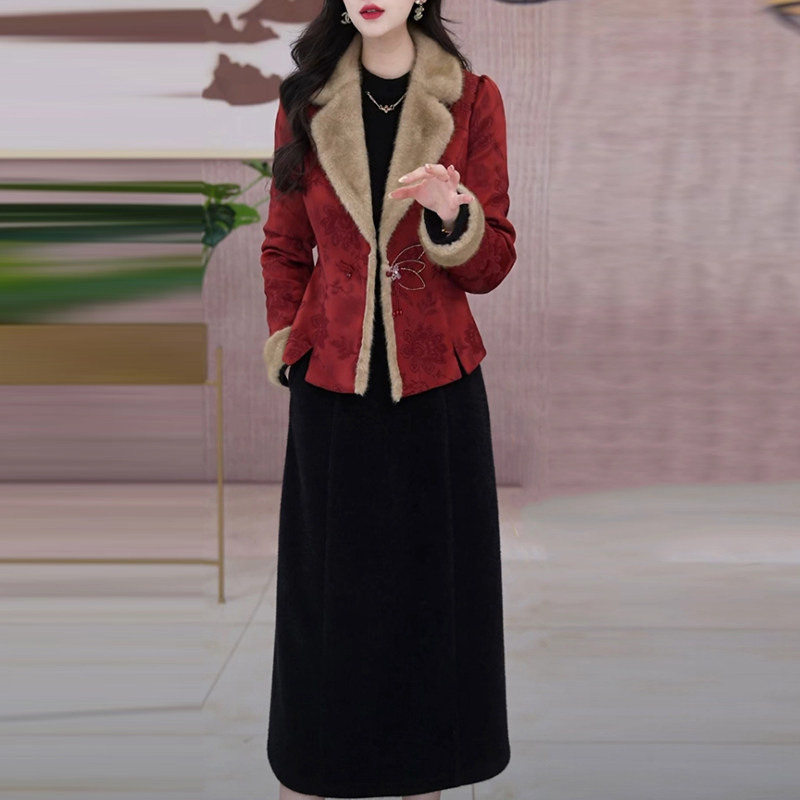 提花缎夹棉加厚套装裙2025冬季新款红色复古中国风两件套连衣裙子,女装/女士精品,时尚套装,淘宝优惠券,粉丝福利购,淘宝优惠卷