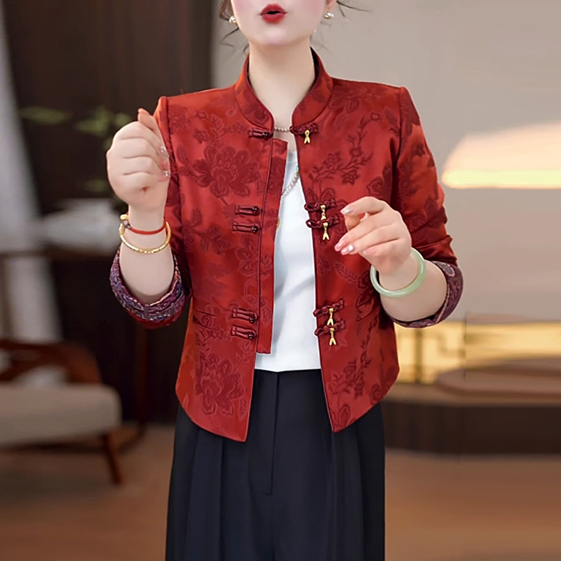 提花缎中国风短款外套女春秋新款复古气质新中式红色高贵轻奢上衣