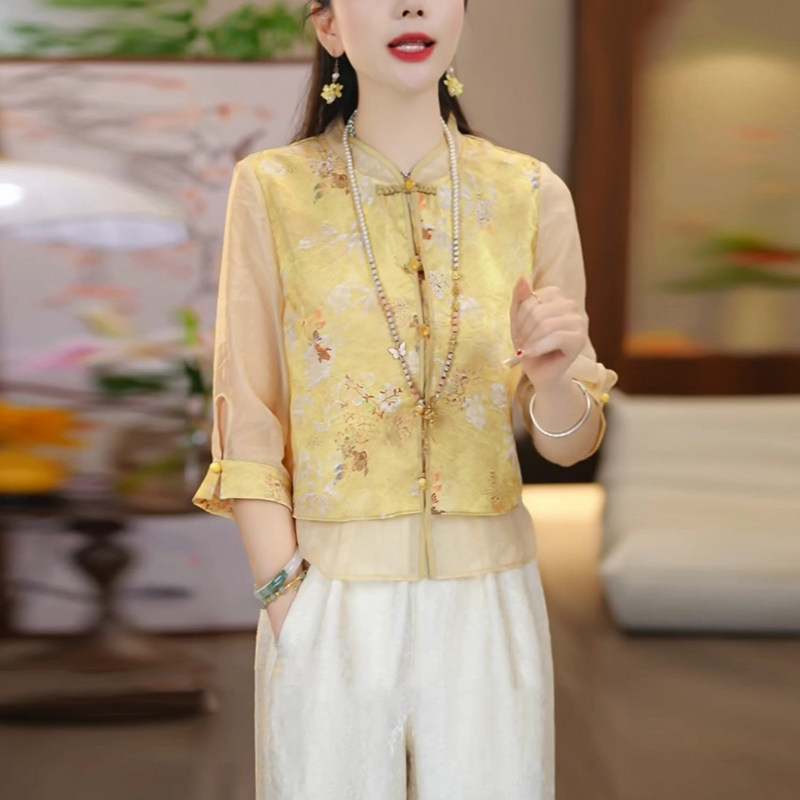 杭丝新中式国风上衣春夏季新款复古高贵档次黄色小个子短款外套女
