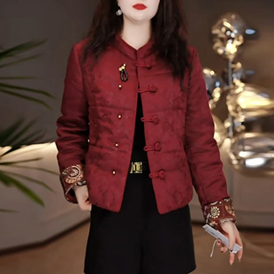 提花缎红色中式国风夹棉保暖短款棉衣外套2025冬季新款小个子棉袄