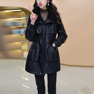 中长款 时尚 收腰显瘦保暖派克服 新款 PU皮加绒加厚皮衣外套2025冬季