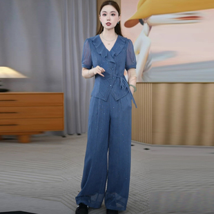 云锦丝时尚优雅短袖上衣加阔腿裤套装夏季新款修身减龄遮肉两件套