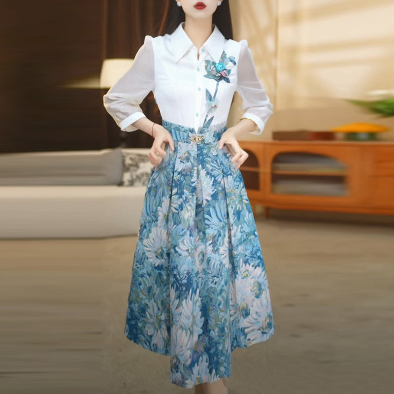 冰丝缎漂亮出片衣服春秋季新款高级感高贵档次POLO领碎花连衣裙子