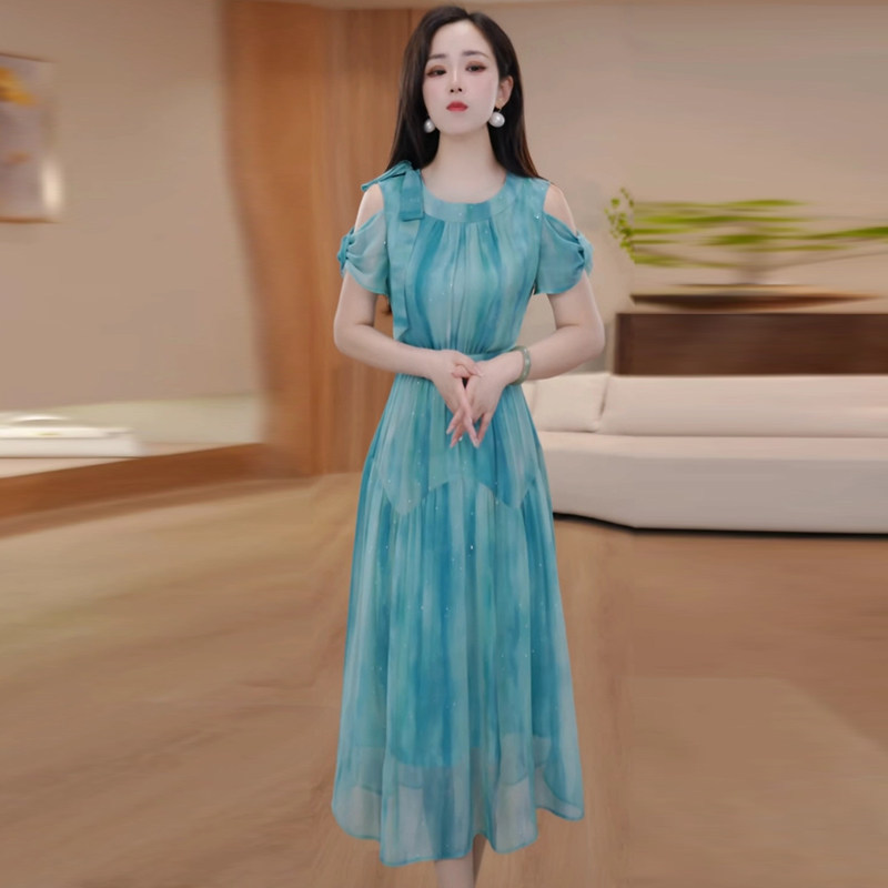 轻羽丝法式修身短袖连衣裙子夏季新款气质中长款收腰减龄时尚女装