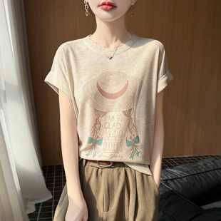 女草帽t印花宽松套头打底衫 短袖 T恤奶白色 精纺圆领针织衫 春夏新款