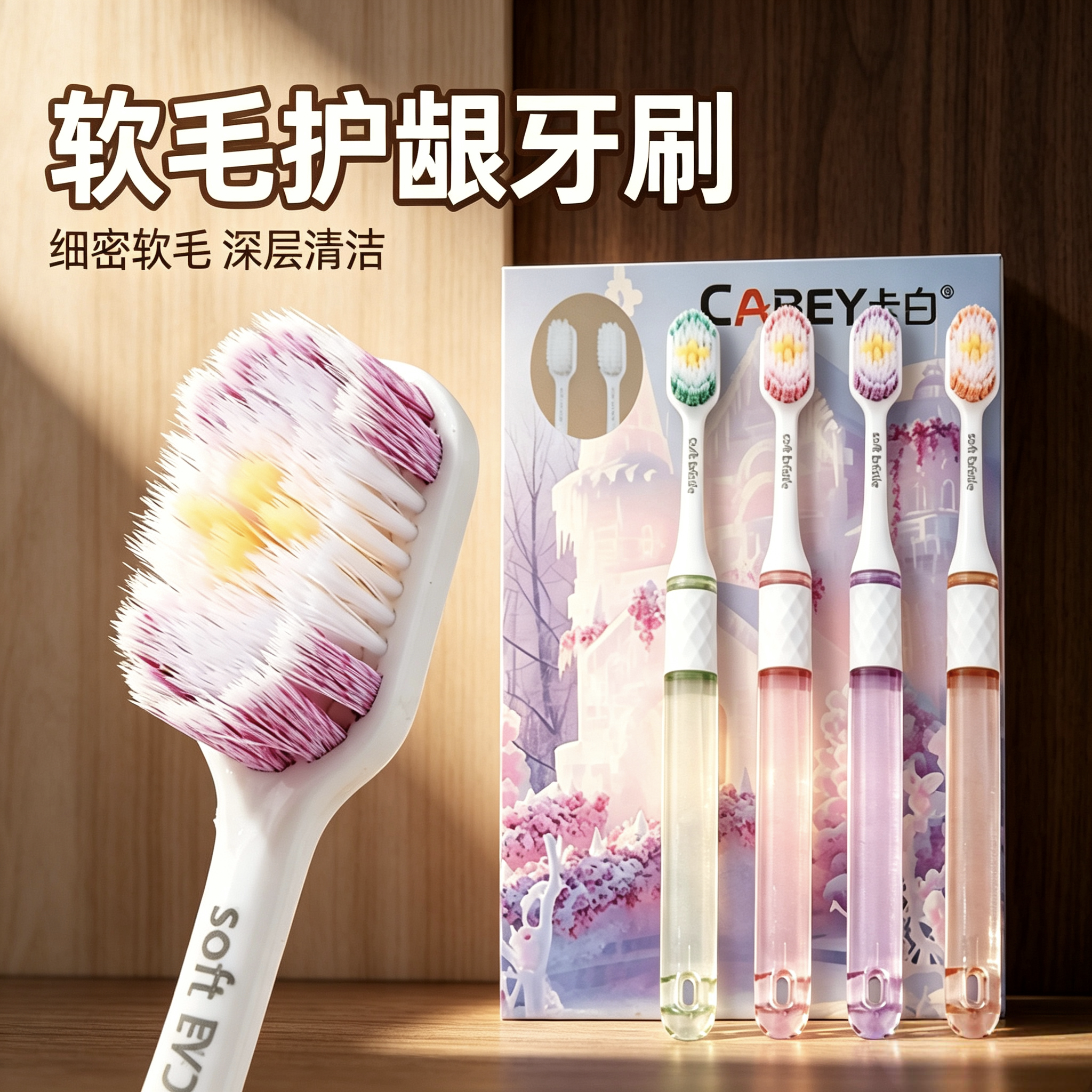 高档水晶牙刷软毛成人超细超软宽头家用成人情侣4支礼盒软毛牙刷