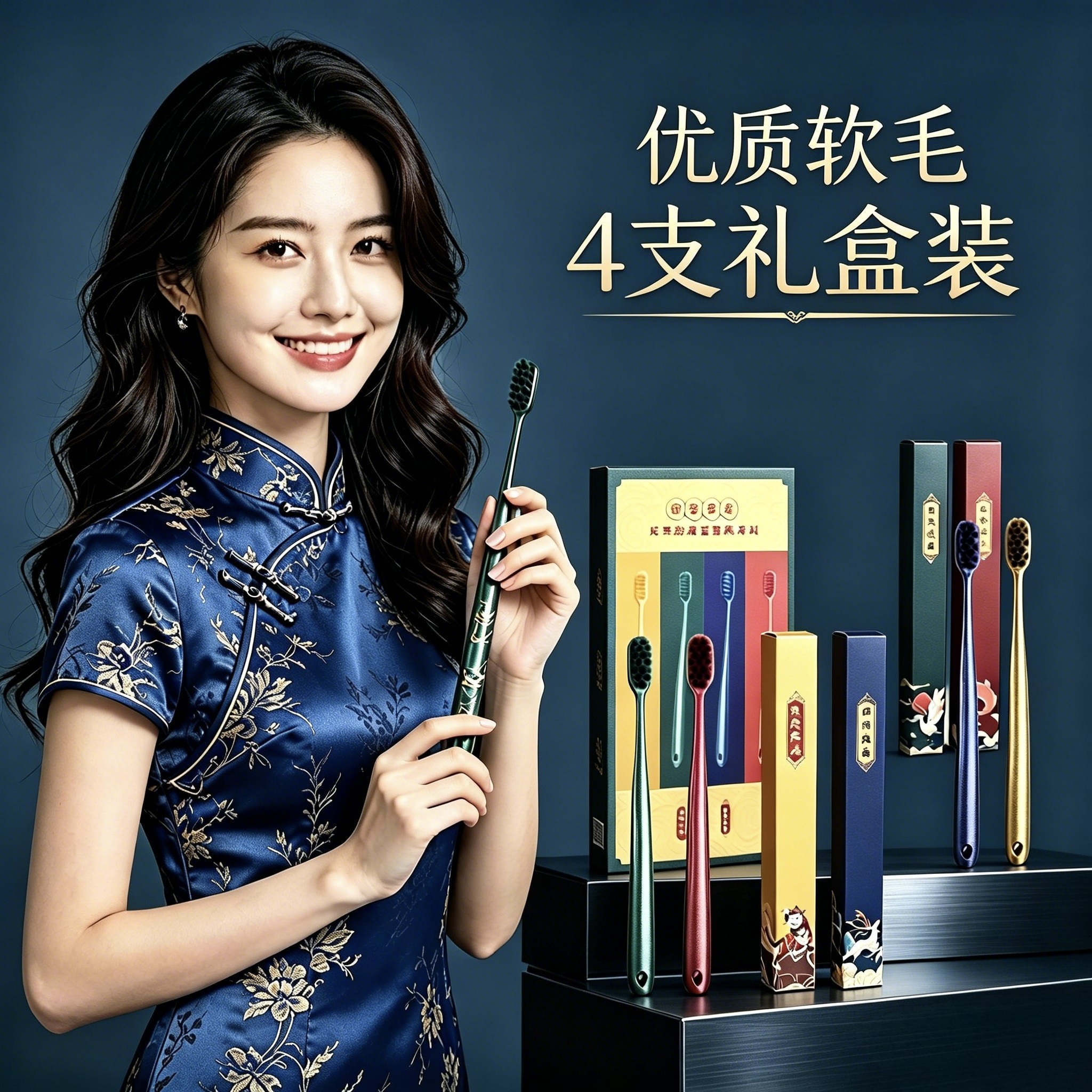 高端国潮软毛牙刷成人4支礼盒装超细超软品牌家用家庭装牙刷软毛