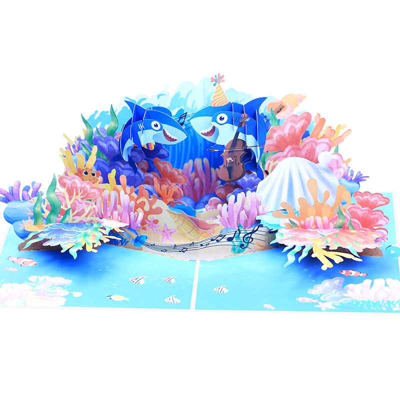 鲨鱼立体贺卡卡通海洋馆动物3D生日节日商务通用卡片儿童ins祝福