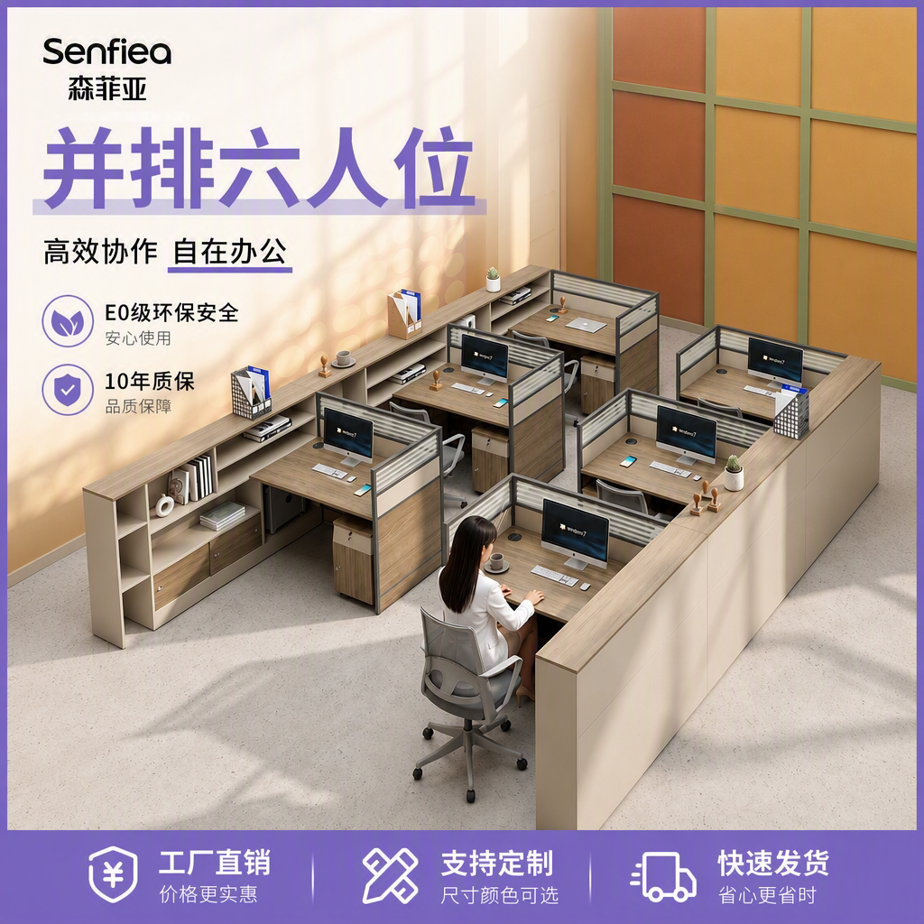 双排六人位办公桌工位6人位员工位职员办公桌椅组合简约现代F型