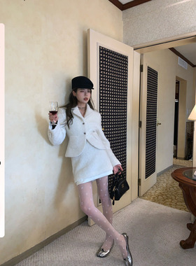 HEBEN MODE波尔德晚宴法式羊毛毛呢外套短款修身显瘦半身裙两件套